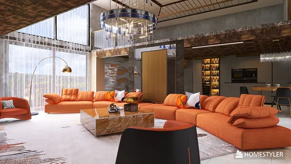 cozy modern living room layout featuring comfortable orange sectional sofa and stylish decor with a focus on interior design optimization using Homestyler's real-time 3D rendering feature