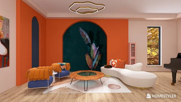 colorful modern living room design showcasing furniture arrangement with orange accent wall, featuring a unique lounge chair and a stylish coffee table, optimized for small space decor using Homestyler's smart furniture layout function.