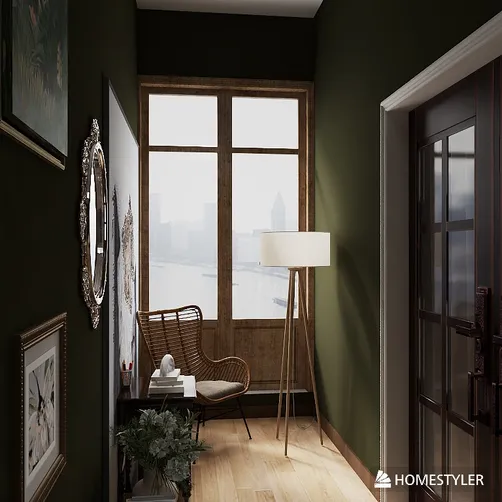 a cozy hallway featuring a wooden chair and a floor lamp, styled with dark green walls and natural light, showcasing an interior design concept using Homestyler's real-time 3D rendering feature.