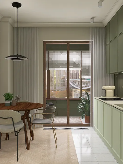 Modern kitchen interior featuring a cozy dining area with a wooden table and stylish chairs, utilizing smart furniture arrangement for optimal small space design, showcasing Homestyler's real-time 3D rendering capabilities.