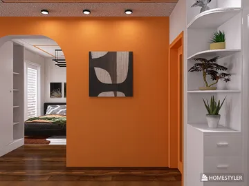 Interior hallway with orange accent walls, showcasing modern artwork and decorative shelving, emphasizing smart furniture arrangement for space optimization using Homestyler's advanced 3D rendering feature.