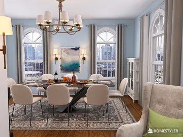 dining room featuring elegant furniture arrangement and a modern chandelier in a light blue color palette, showcasing a cozy atmosphere for gatherings, highlighting Homestyler's real-time 3D rendering feature.