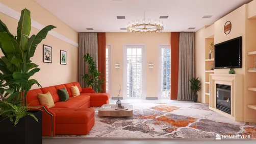 A modern living room featuring a vibrant orange sofa and decorative plants, designed using Homestyler's real-time 3D rendering tool, offering a cozy and inviting space with an elegant aesthetic.