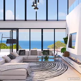 Modern living room with panoramic ocean view featuring cozy sectional sofa and glass coffee table, showcasing an open layout design optimized with Homestyler's real-time 3D rendering feature.