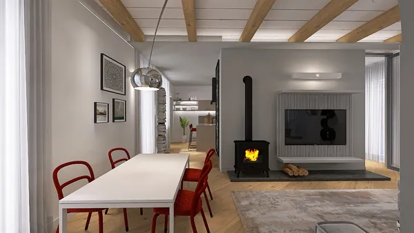 modern dining area with wooden accents and a stove, featuring an open layout for enhanced space utilization, showcasing Homestyler's real-time 3D rendering capabilities.