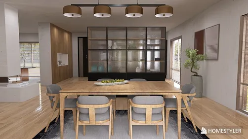 Dining area featuring a wooden dining table with gray upholstered chairs, showcasing a modern minimalist style and emphasizing space optimization through smart furniture arrangement, utilizing Homestyler's real-time 3D rendering feature.