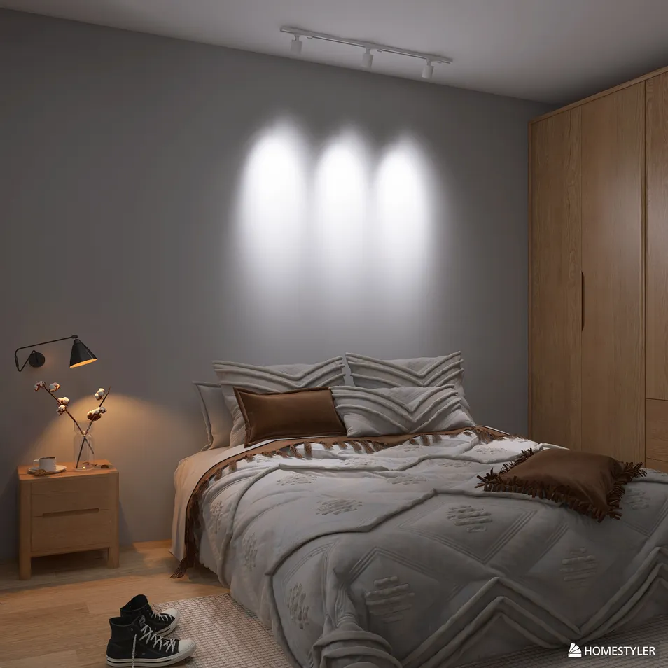 cozy bedroom with modern bedding and warm lighting arranged in a contemporary style for interior decor optimization using Homestyler's real-time 3D rendering feature