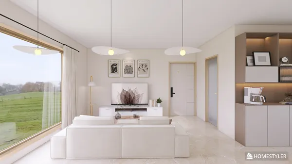 Modern living room with cozy sofa arrangement featuring smart furniture layout and minimalist style, showcasing interior decor optimization using Homestyler's real-time 3D rendering.