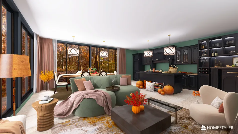 modern living room design featuring a cozy green sofa and a stylish black kitchen, showcasing autumn decor elements like pumpkins and warm tones, optimized for interior decor with Homestyler's real-time 3D rendering feature.