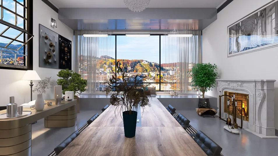 modern dining room with a large wooden table featuring a designer vase and fresh flowers, showcasing a scenic view through large windows, designed using Homestyler's real-time 3D rendering for enhanced visualization.