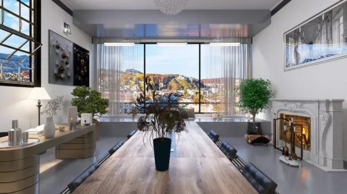 modern dining room with a large wooden table featuring a designer vase and fresh flowers, showcasing a scenic view through large windows, designed using Homestyler's real-time 3D rendering for enhanced visualization.