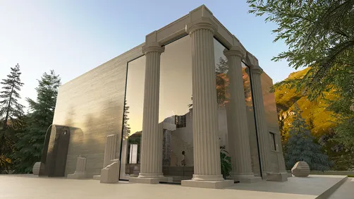 modern building design featuring large glass walls and classical columns showcasing a stunning exterior in a landscaped environment, highlighting interior architecture with Homestyler's real-time 3D rendering feature