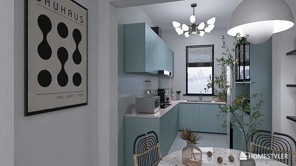 modern kitchen design featuring a minimalist aesthetic with smart furniture arrangement, ideal for optimizing small spaces, utilizing Homestyler's real-time 3D rendering for design visualization.