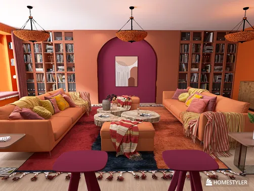 vibrant living room design featuring cozy sofas and an inviting color scheme with a bohemian style, showcasing Homestyler's real-time 3D rendering for instant design visualization.