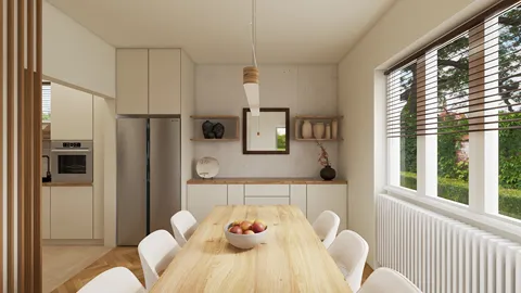 Modern dining area featuring a wooden table with apples, designed for an open kitchen layout, showcasing elegant interiors with neutral tones and a contemporary style, utilizing Homestyler's real-time 3D rendering feature.