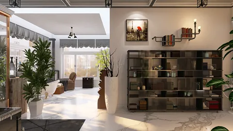 Modern living room showcasing an open space design with stylish furniture arrangement in a contemporary style, highlighting the intelligent furniture placement feature of Homestyler.