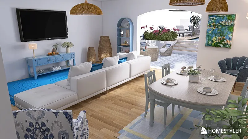 Home Stile mediterraneo designed by Craft Room featuring cozy apartment with warm sofa and greenery brightened by daylight