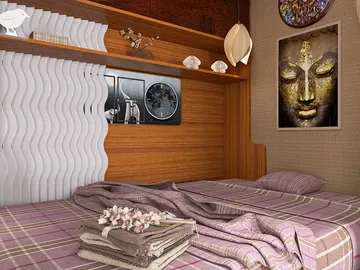 cozy bedroom with wavy feature wall and decorative artwork featuring a Buddha, showcasing modern interior design elements and utilizing Homestyler's real-time 3D rendering functionality.