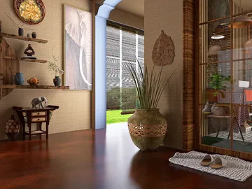 spacious interior with decorative vases showcasing a natural theme featuring sustainable materials, incorporating Homestyler's real-time 3D rendering to visualize the design.