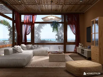 cozy living room with bamboo decor showcasing smart furniture arrangement in a tropical style featuring large windows overlooking the sea using Homestyler's real-time 3D rendering