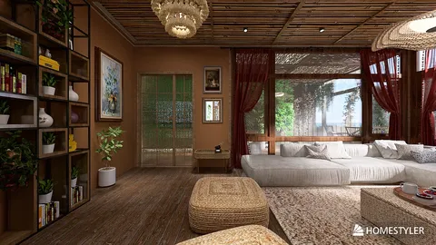 cozy living room showcasing a comfortable seating area with natural materials and warm tones, designed using Homestyler's real-time 3D rendering feature, highlighting interior decor for a rustic style