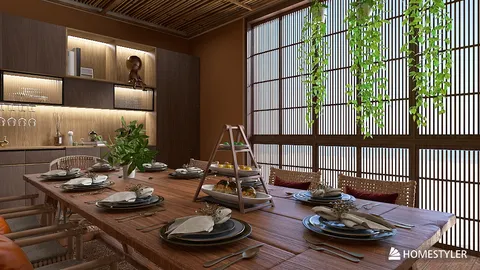 Dining table set with elegant tableware featuring a warm wooden finish in a modern rustic style, showcasing interior design with homestyler's real-time 3D rendering feature.