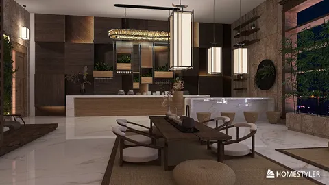 modern kitchen design featuring a sleek countertop and elegant lighting, optimizing space with smart furniture arrangement using Homestyler's real-time 3D rendering feature