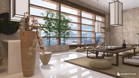 Modern interior design featuring a spacious living area with large windows and natural light, showcasing a relaxing atmosphere with a blend of contemporary furniture and Asian-inspired decor, using Homestyler's real-time 3D rendering for effective design visualization.