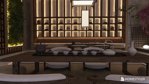 a modern dining room featuring a wooden table set with traditional tea utensils, illuminated shelves in the background, showcasing a minimalist design for a tranquil dining experience with Homestyler's real-time 3D rendering feature