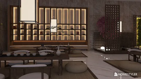 Asian-inspired dining area featuring low wooden tables and floor seating, creating a cozy ambiance with warm lighting; suitable for interior decor related to minimalist dining spaces using Homestyler's real-time 3D rendering feature.