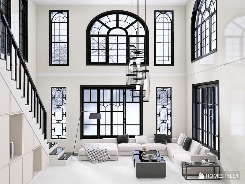 In this spacious haven, light dances through the grand windows, casting intricate shadows on minimalist furnishings. The sleek lines of the staircase draw the eye upward, while the subtle color palette whispers of sophistication, inviting a dialogue between simplicity and beauty.