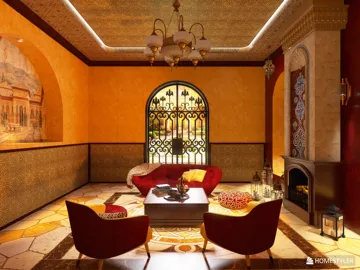 luxurious living room featuring vibrant orange walls and intricate patterns, showcasing Homestyler's real-time 3D rendering for a stunning interior design proposal.