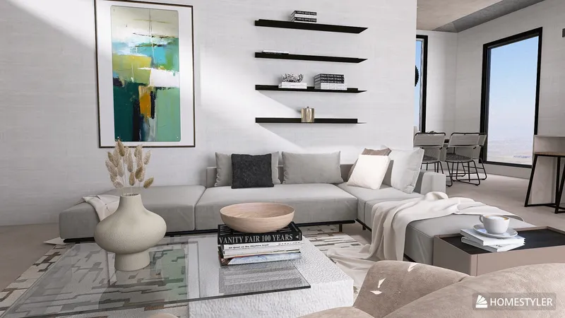 Daylit living room featuring natural greenery and neutral tones