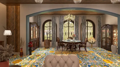 dining room featuring a floral-patterned floor design with elegant wooden furniture arrangement in a rustic style, showcasing Homestyler's real-time 3D rendering capabilities for an immersive interior experience.