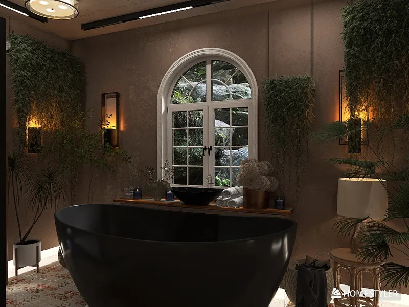 Bañera independiente negra rodeada de exuberante vegetación y luz acogedora, creando una atmósfera serena en un baño moderno; mostrando la función de renderizado 3D en tiempo real de Homestyler para una propuesta de diseño detallada.