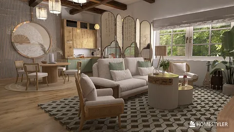 cozy living room with relaxed seating arrangement showcasing a modern bohemian style enhancing the comfort of home space using Homestyler's real-time 3D rendering feature.