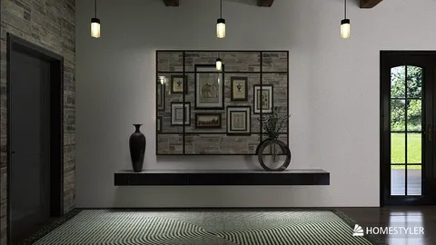 Modern wall art display enhancing a rustic entryway with stylish décor, featuring a console table and decorative vase, showcasing Homestyler's real-time 3D rendering functionality.