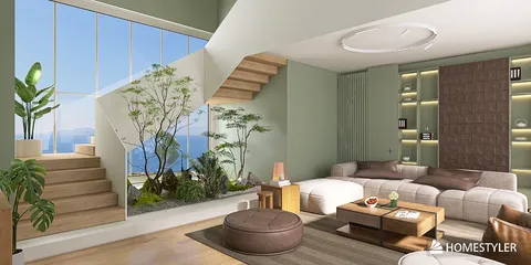 Modern living room with elegant furniture arrangement enhancing open space and maximizing natural light using Homestyler's real-time 3D rendering feature.
