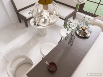dining area featuring a wooden table and modern chairs, creating an elegant atmosphere in a minimalist style, showcasing Homestyler's real-time 3D rendering feature