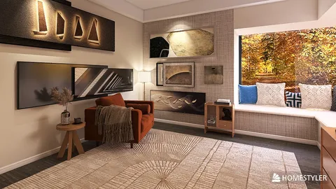modern living room showcasing 3D rendering with integrated artwork and cozy seating, designed to optimize space using Homestyler's real-time 3D rendering feature.