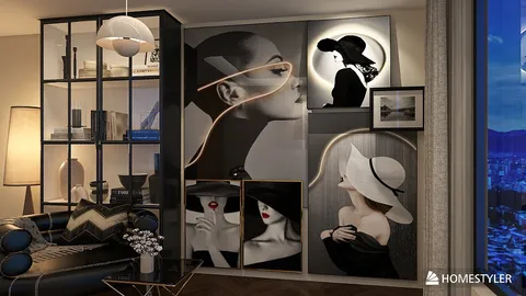 artistic wall decor showcasing stylish portraits and modern lighting in a chic living room designed using Homestyler's 3D rendering feature for interior design.