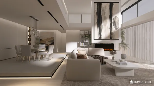 Modern living room with elegant furniture arrangement showcasing a minimalist style, enhancing the spacious ambiance using Homestyler's real-time 3D rendering feature.