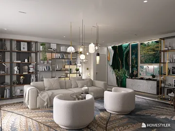 modern living room featuring a spacious sofa and unique round chairs, showcasing a contemporary interior design style with an emphasis on comfort and elegance, utilizing Homestyler's real-time 3D rendering for visualizing design concepts.