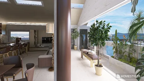 modern living room with panoramic windows showcasing outdoor views, creating a bright and airy atmosphere, featuring interior design with a focus on open space functionality using Homestyler's real-time 3D rendering.