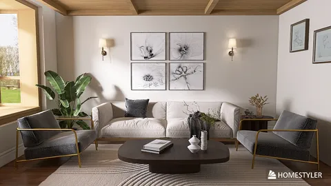 a modern living room featuring a cozy sofa and stylish chairs, creating a comfortable atmosphere for relaxation using Homestyler's real-time 3D rendering feature.
