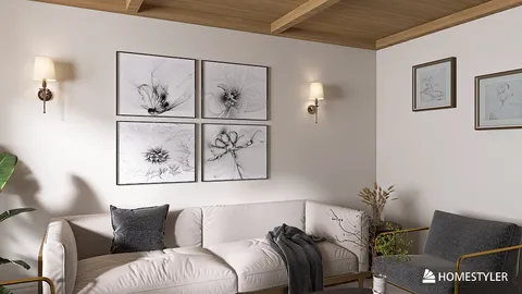 modern living room with a minimalist design showcasing wall art and soft furniture arrangement, featuring interior decor elements for a cozy atmosphere, utilizing Homestyler's real-time 3D rendering feature.