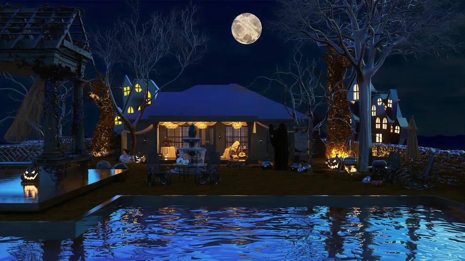outdoor pool area featuring a spooky Halloween theme with illuminated decorations and a cozy gazebo in a dark fantasy style, showcasing Homestyler's real-time 3D rendering capability.